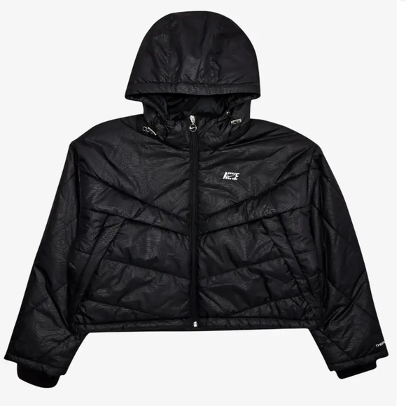 Nike Therma-Fit sz S black print NWT short zip up zip pocket hooded puffer coat - Picture 3 of 16